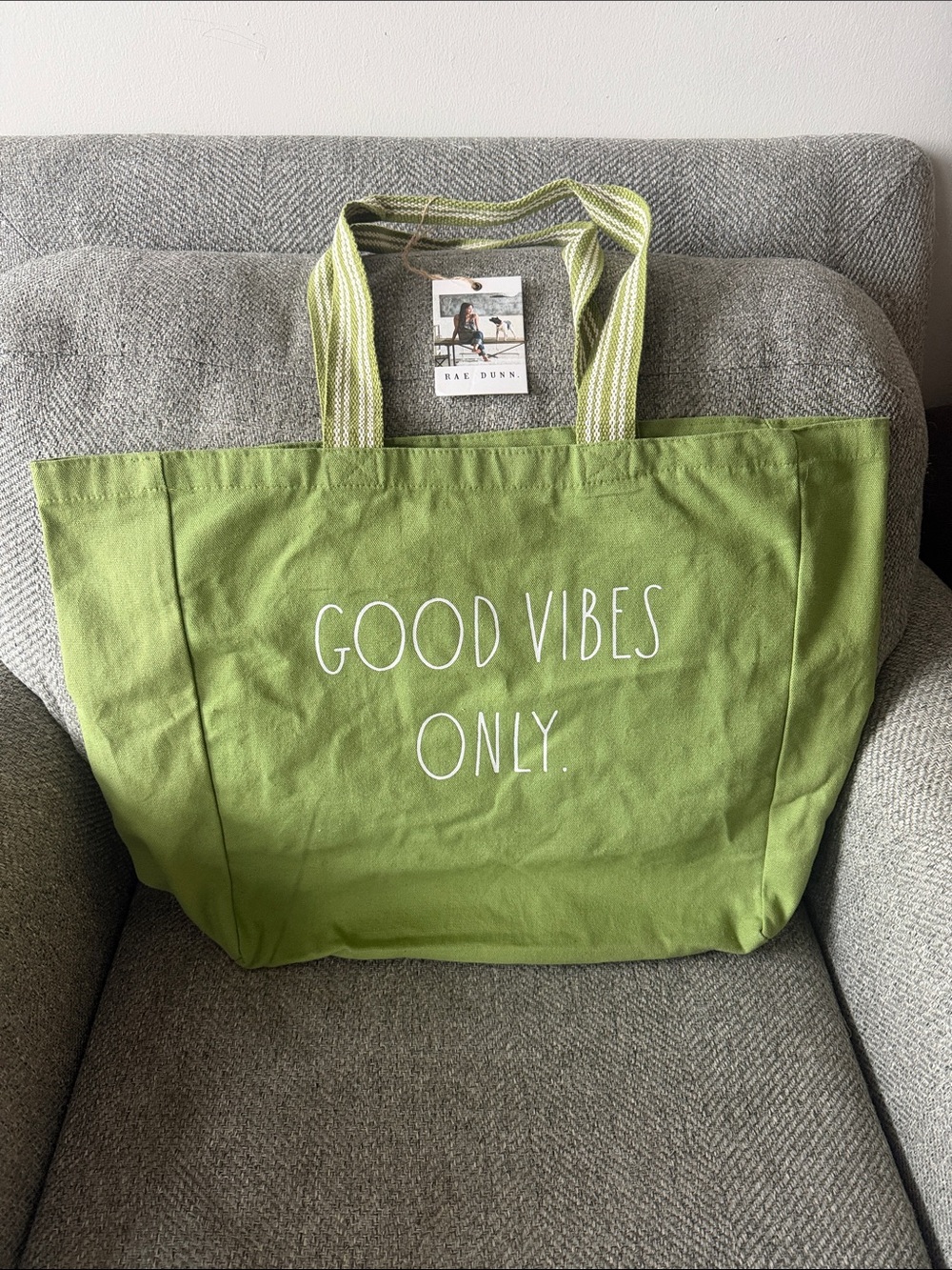 Rae Dunn XL Lime Green 'Good Vibes Only.' Canvas Tote